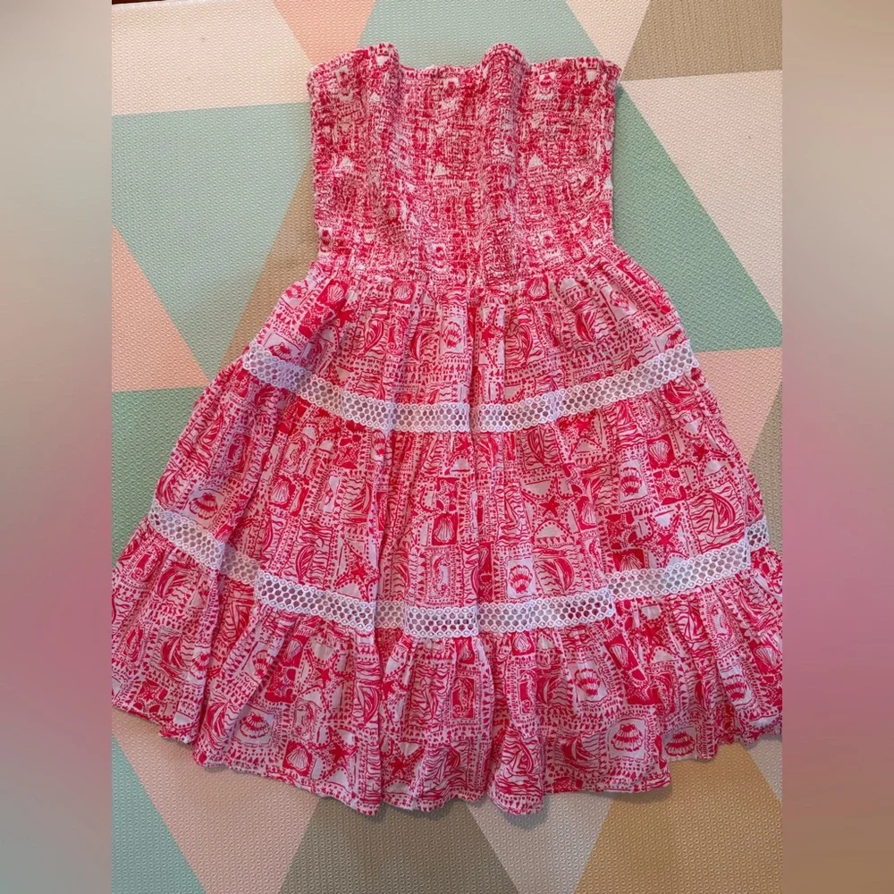Lilly Pulitzer Kelvina Strapless Smocked Dress in Mizner Red Seaside Harbour M - Picture 5 of 9